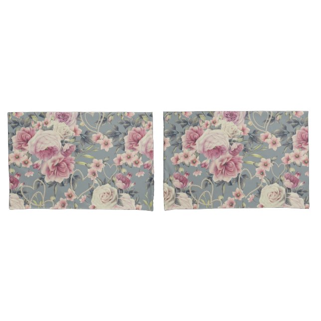 Housse D'oreillers Roses et Coeurs de Perles Jolies rose Motif Grey (devant-Set)