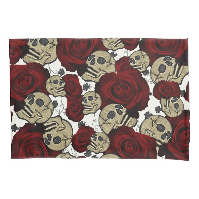 Housse D'oreillers Roses et crânes rouges Noir Floral Blanc gothique (devant)