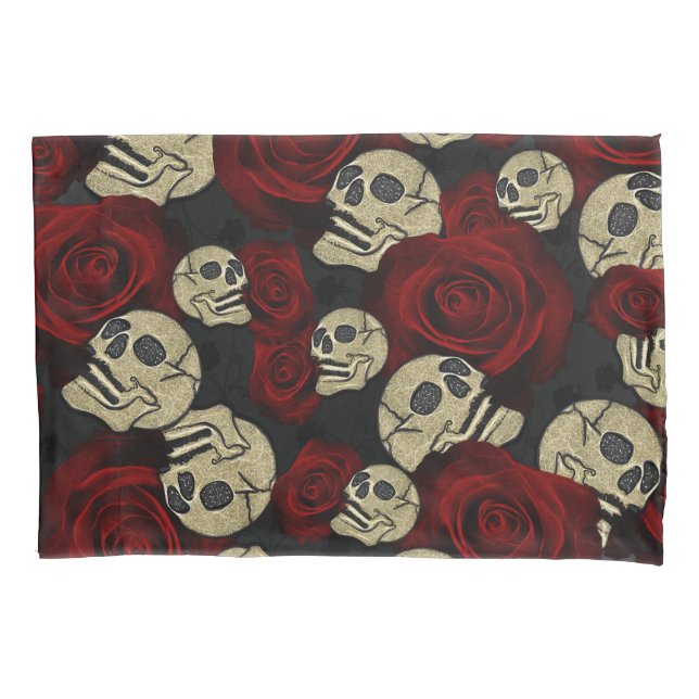 Housse D'oreillers Roses Rouges & Crânes Floral Noir Gris Gothique (devant)