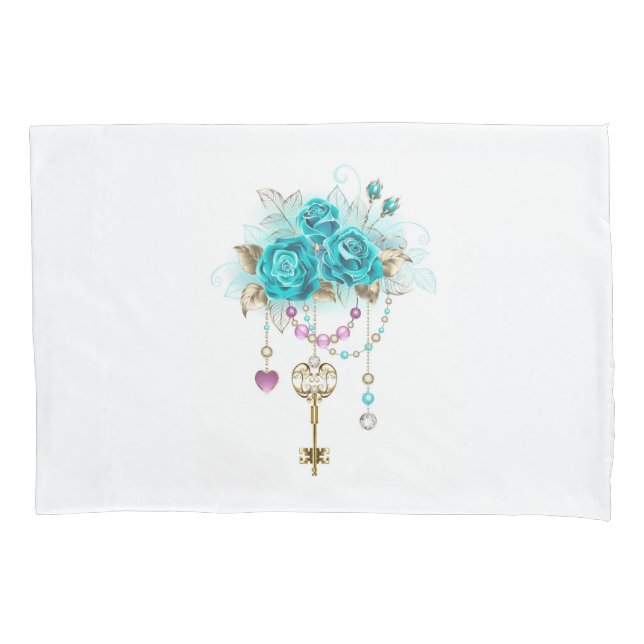 Housse D'oreillers Roses turquoise avec touches (devant)