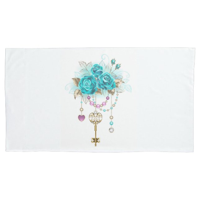 Housse D'oreillers Roses turquoise avec touches (devant-gauche)