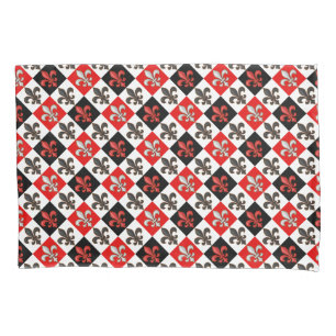 Housse D'oreillers Rouge Noir Blanc À damiers Fleur de lis Design