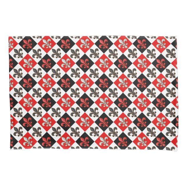 Housse D'oreillers Rouge Noir Blanc À damiers Fleur de lis Design (devant)