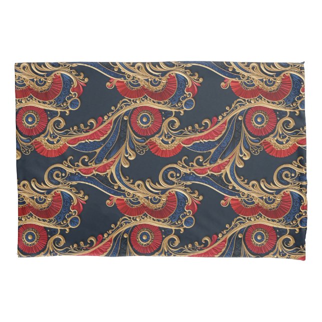 Housse D'oreillers Rouge riche, Marine, Or Flore Scroll (devant)