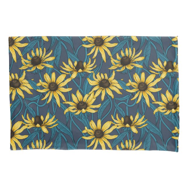 Housse D'oreillers Rudbekia jaune sur la marine (devant-gauche)