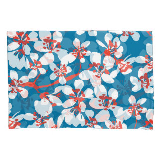 Housse D'oreillers Sakura blanc, motif arrière - plan bleu classique.