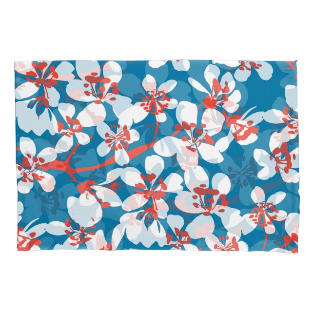 Housse D'oreillers Sakura blanc, motif arrière - plan bleu classique. (devant)