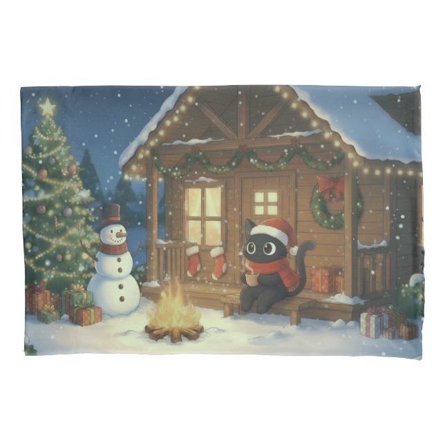 Housse D'oreillers Scène de Noël festive avec chat noir  (devant)