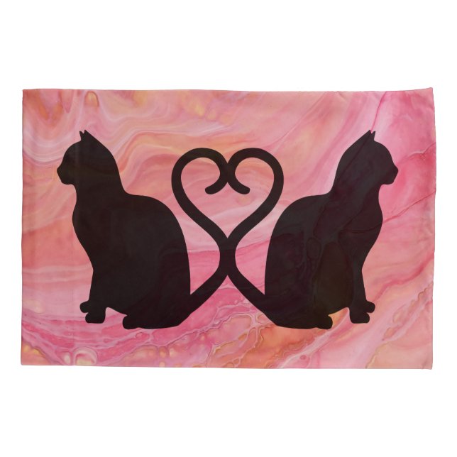 Housse D'oreillers Silhouette romantique Couple Chat sur rose (Dos)
