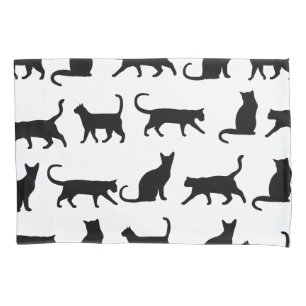 Housse D'oreillers Silhouettes à la mode et blanc de chat noir
