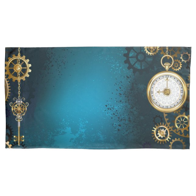 Housse D'oreillers Steampunk Arrière - plan turquoise avec Gears (devant)