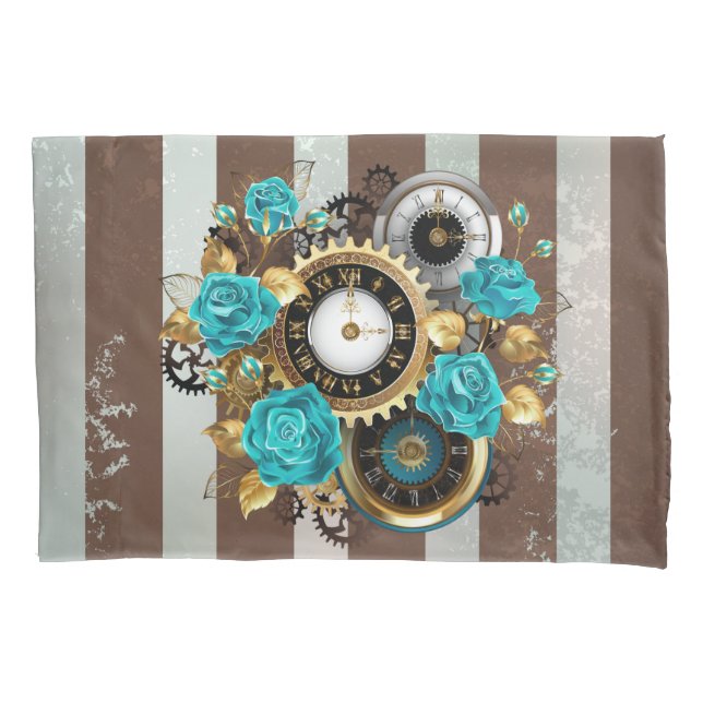 Housse D'oreillers Steampunk Clock and Turquoise Roses on Striped (devant)