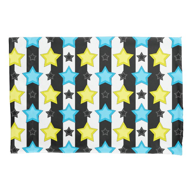 Housse D'oreillers Striped Blue Yellow Stars Pattern Design  (devant)