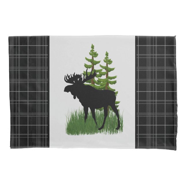 Housse D'oreillers Style Rustique Cabine Noir Plaid Moose Silhouette (devant)