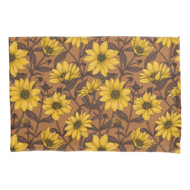 Housse D'oreillers Sunroot, tournesol sauvage en jaune et marron (devant-gauche)