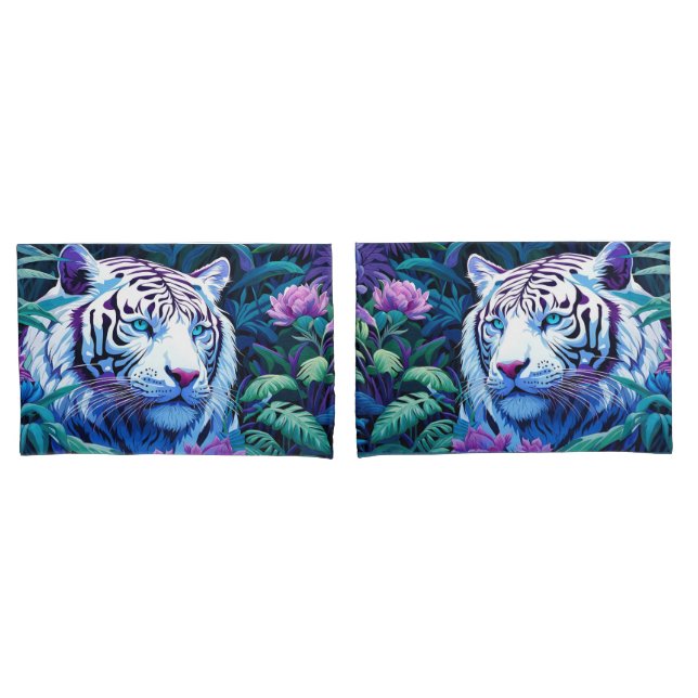 Housse D'oreillers Tigre blanc avec fleurs violettes (devant-Set)