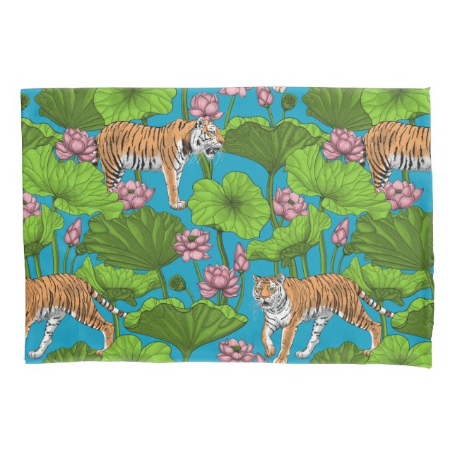 Housse D'oreillers Tigres dans l'étang rose lotus (devant-gauche)