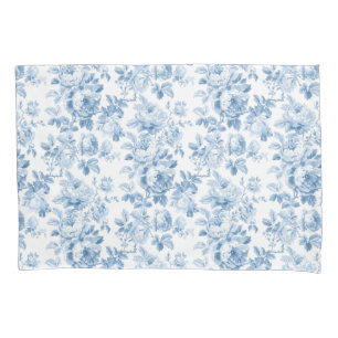Housse D'oreillers Toile Florale Bleue & Blanc