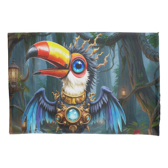Housse D'oreillers Toucan Steampunk au Clair de Lune.  (devant)