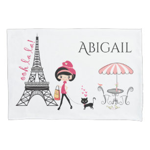 Housse D'oreillers Tour Eiffel Paris Cute Girl and Cat personnalisée