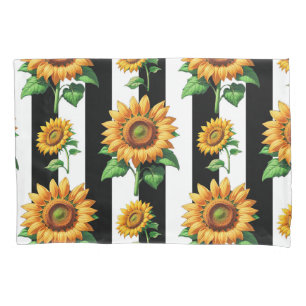 Housse D'oreillers Tournesol Floral noir blanc rayures