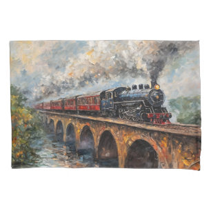 Housse D'oreillers Train à vapeur sur un pont - Peinture à l'huile