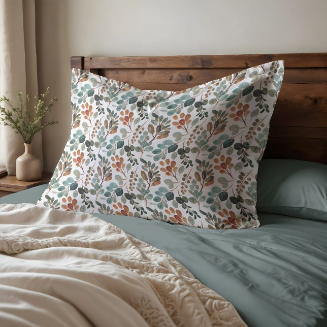 Housse D'oreillers Turquoise Rust Sage Vert Feuilles Brown Automne (Teal, rust, and sage leaves pillowcase)