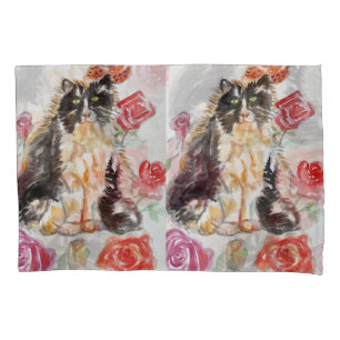 Housse D'oreillers Tuxedo Chat Cute Rose Fleurs Chats Aquarelle Rose