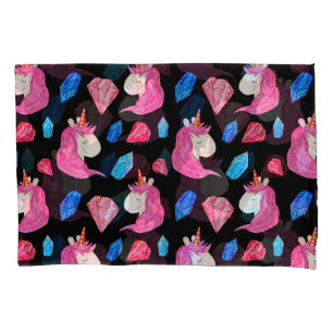 Housse D'oreillers Unicorne, cristaux : magique motif aquarelle.