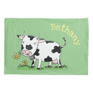 Housse D'oreillers Vache mignonne en vert dessin animé sur le terrain