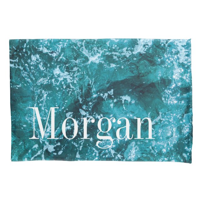 Housse D'oreillers Vagues de mer turquoise avec monogramme personnali (devant)