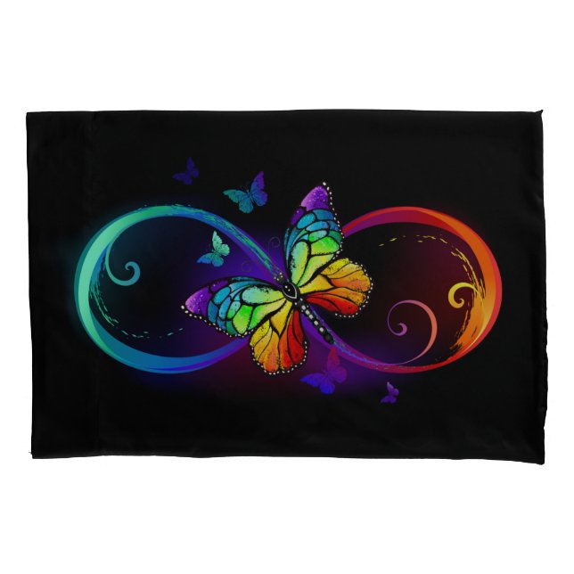 Housse D'oreillers Vibrant infinity with rainbow butterfly on black (devant)