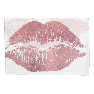 Housse D'oreillers Vintage empreinte de lèvre rose, or rose.