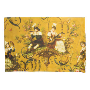 Housse D'oreillers Vintage French Gold Yellow Toile Victorian Floral