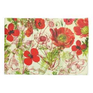 Housse D'oreillers Vintage Red Green Poppies Fleurs sauvages d'été