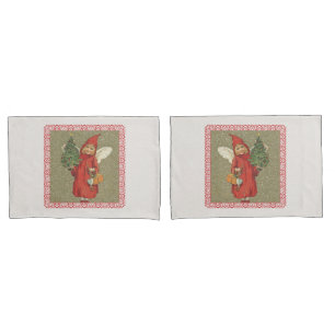 Housse D'oreillers Vintage Victorien Rouge Noël Enfant Ange Arbre