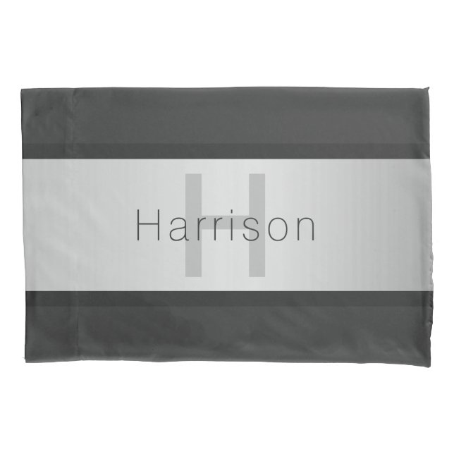 Housse D'oreillers Votre nom & monogramme | Gris & aspect argent faux (devant-gauche)