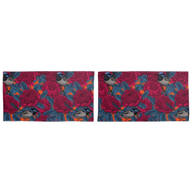 Housse D'oreillers Waratah rouge et brunes (devant-Set)