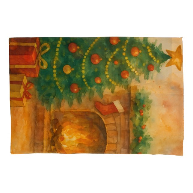 Housse D'oreillers Watercolor Christmas Tree & Cozy Fireplace Holiday (devant)
