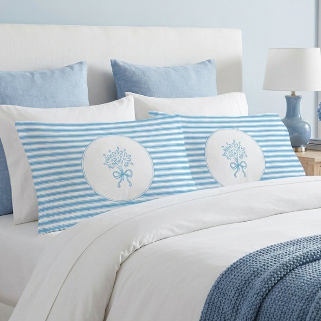 Housse D'oreillers Whimsical Blue White Stripe Preppy Floral (Créateur téléchargé)