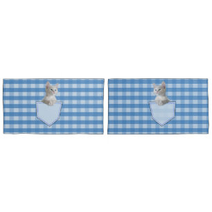 Housse D'oreillers White Kitten poche bleu chèque drôle illusion 3D