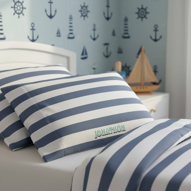 Housse D'oreillers Wide Nautical Striped Weave Navy White ID1248 (Créateur téléchargé)
