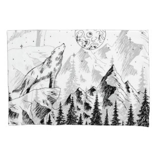 Housse D'oreillers Wolf Moon : Croquis Graphique Montagnes.