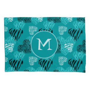 Housse D'oreillers Zebra Print Hearts Turquoise Blanc Monogramme