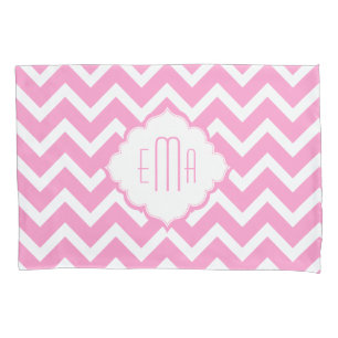 Housse D'oreillers Zigzag géométrique monogramme rose et blanc Chevro