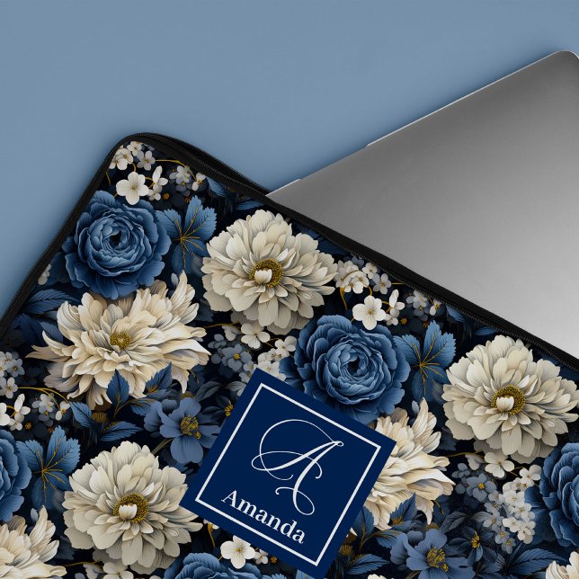 Housse élégante pour ordinateur portable Fleurs Bl (Premium Blue and White Flowers Elegant Laptop Sleeve)