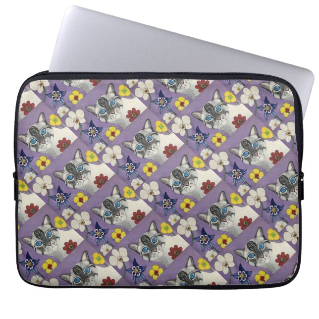 Housse pour ordinateur portable 13" Chat et fleurs (Devant)