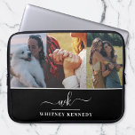Housse Pour Ordinateur Portable 3 Collage de photos Créez votre propre monogramme<br><div class="desc">Coque d'ordinateur portable avec une élégante calligraphie prénom et nom de famille initiales monogramme et blanc minimaliste modèle de nom personnalisé sur un arrière - plan noir. Ajoutez vos trois photos préférées pour créer votre propre pochette photo collage portable. Un anniversaire personnalisé élégant et réfléchi, la journée de la mère,...</div>