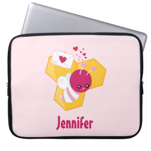 Housse Pour Ordinateur Portable Abeille mignonne aux Coeurs de Saint-Valentin rose