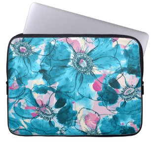 Housse Pour Ordinateur Portable ABSTRAIT OPink et bleu désordonné fleurs motif